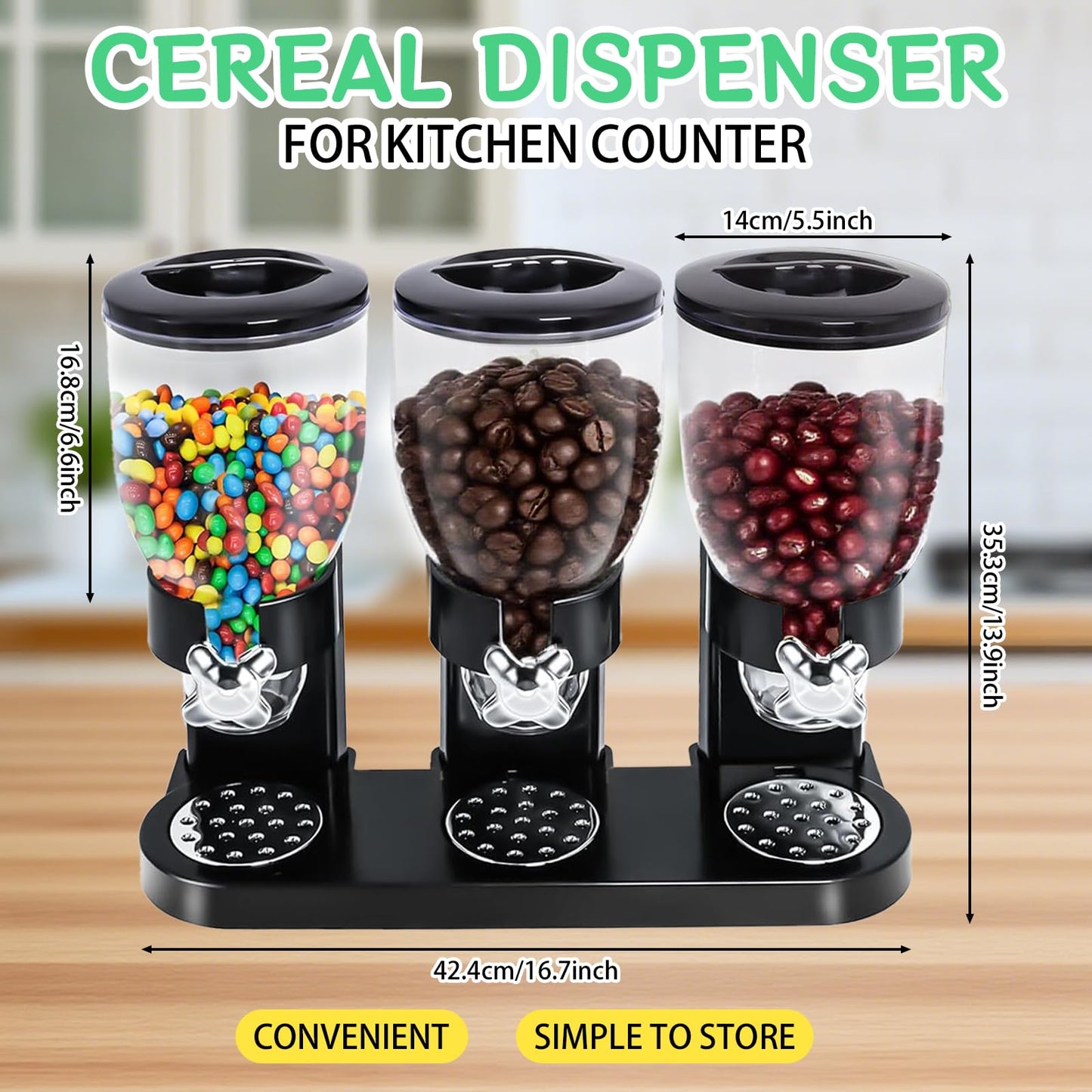 ENIPEDITA 1 Pcs Triple Indispensable Dry Food Dispenser with Cup Black Cereal Storage Container 67oz Each Capacity for Kitchen Rice Nuts Cereal Snack Gumball Candy Dog Food