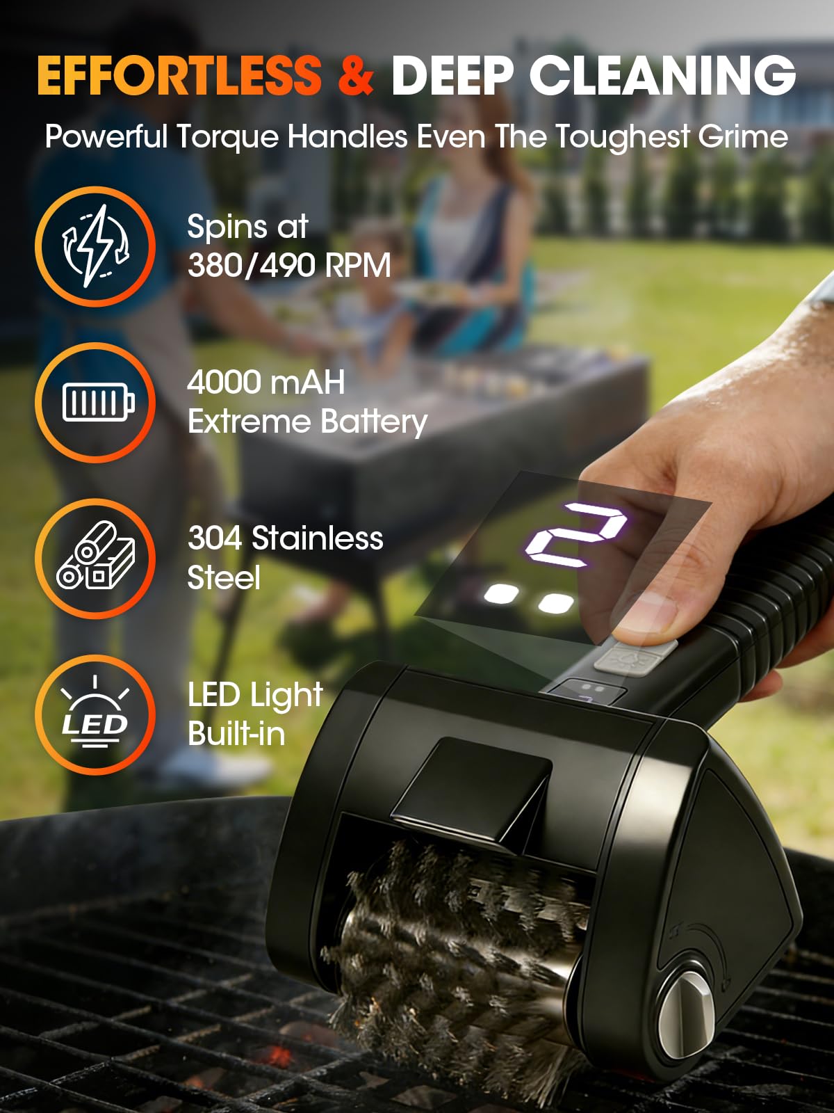 Electric Grill Brush, Cordless Rechargeable BBQ Cleaner, 2-Speed Control, 304 Stainless Steel Removable Brush Head for BBQ Grates & Outdoor Grills