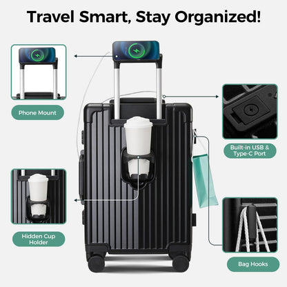 cllson Carry on Luggage Aluminium Frame with Cup Holder,Top opening Suitcases and USB Charging Port,Lightweight with Front Pocket Rolling Suitcases with Spinner Wheels (Beige, 20inch)
