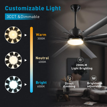 72 lnch lndustrial Smart Celing Fan with Light and Remote Control via WIFI Alexa,Large Celing Fan with 8 Black Aluminum Blades,6 Speed Noiseless DC Motor,Indoor Outdoor Ceiling Fans for Patio Garage