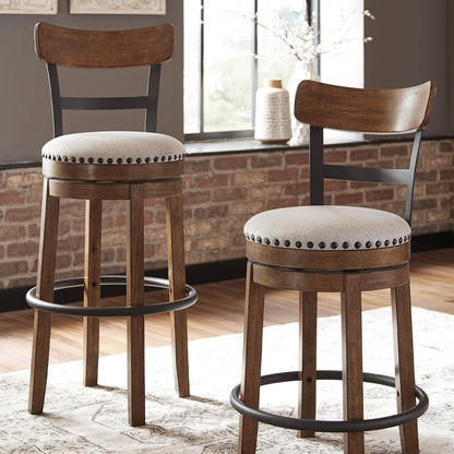 Signature Design by Ashley Valebeck Swivel Barstool With Back, Rustic-Industrial Wood and Metal, 360-Degree Swivel Counter Height Stool for Kitchen Island Seating, Linen Color