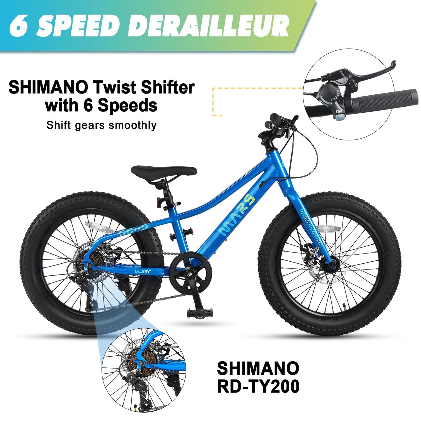 Glerc Mars Kids Mountain Bike, 20 Inch Fat Tire Bike for Teen Ages 6-12 Year Old, Bicycle with 2.8-Inch Wide Tires and 6 Speed Drivetrain, Blue