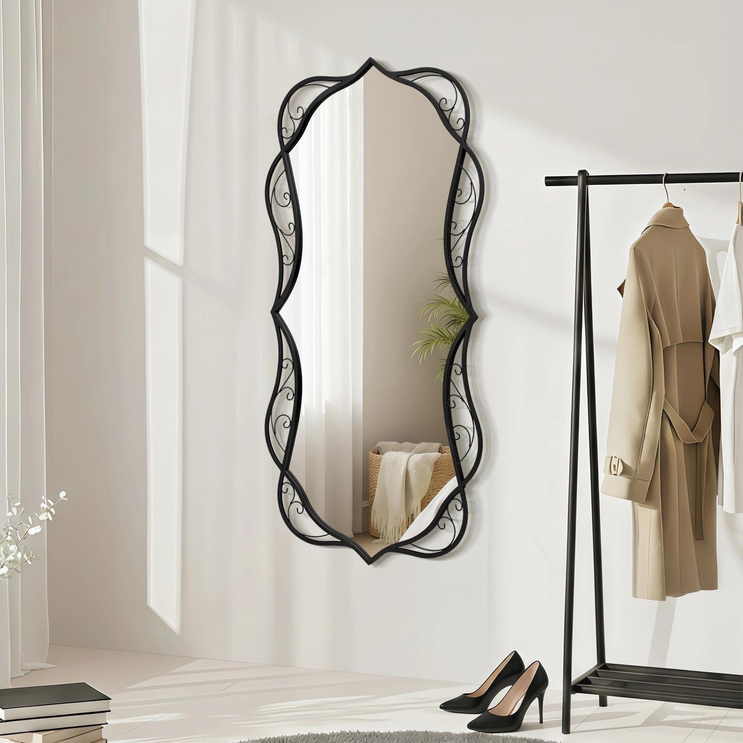 Besdomus Large Bathroom Black Mirror: 30"x60" Scalloped Modern Long Full Length Vanity Wall Mirror - Farmhouse Decorative Vertical or Horizontal Hanging for Living Room/Bathroom/Hallway/Bedroom