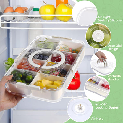 LUXEAR 2Pack 8-Compartment Snackle Box - Airtight Leakproof Divided Food Tray with Lid & Handle, BPA-Free Dishwasher Safe for Picnic, Fridge, Travel, Party, Ideal for Charcuterie & Food Storage