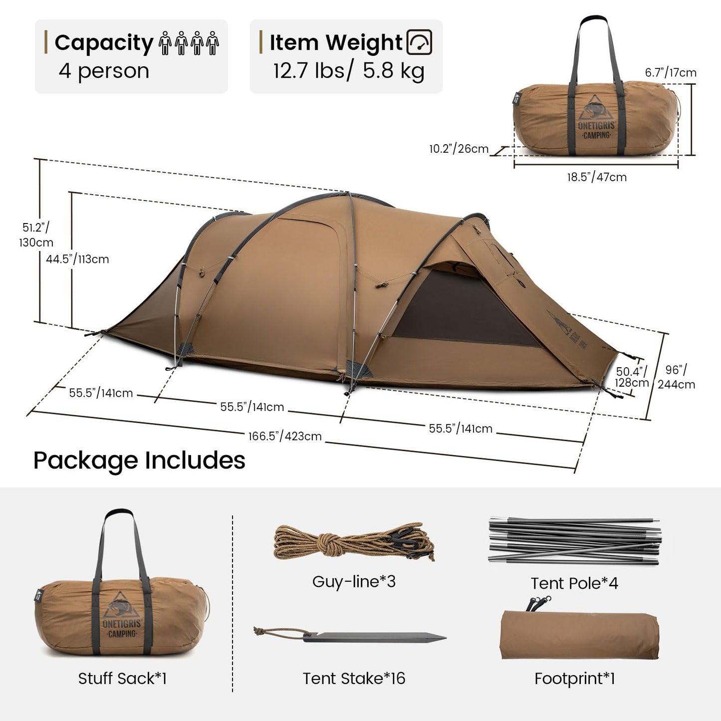 OneTigris ORBITIS Hot Tent, Waterproof 4 Person Tent with Full Size Footprint, 4 Season Tents for Camping, Hiking, Bushcraft, Car Trips