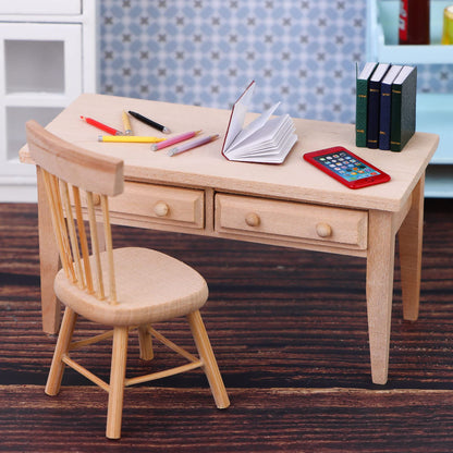 Haomian 1/12 Scale Miniature Wooden Dollhouse Furniture Set Desk and Chair Rustic Light Brown Dollhouse Furniture with Openable Drawers for Kids Role Play DIY Decor Photography Props