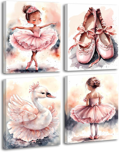 ZOIYINO Decor,Set 4(8x10) Framed Pink Ballet Nursery Wall Art,Pink Canvas Wall Art,Girls Ballerina Nursery Bedroom