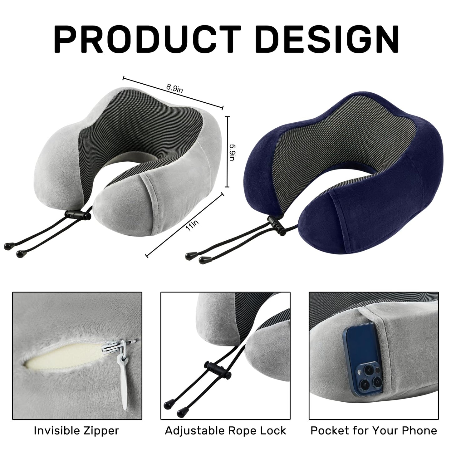 urnexttour Travel Pillow for Airplane-2 Pack Memory Foam Neck Pillows, Soft & Support Travel Essentials for Travelling, Sleeping Rest, Car, Train and Home Use(Grey&Navy)