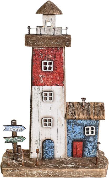 Decorative Lighthouse for Home Decor, 10.16" H Rustic Wood Light House Sculpture, Nautical Beach Tabletop Centerpiece