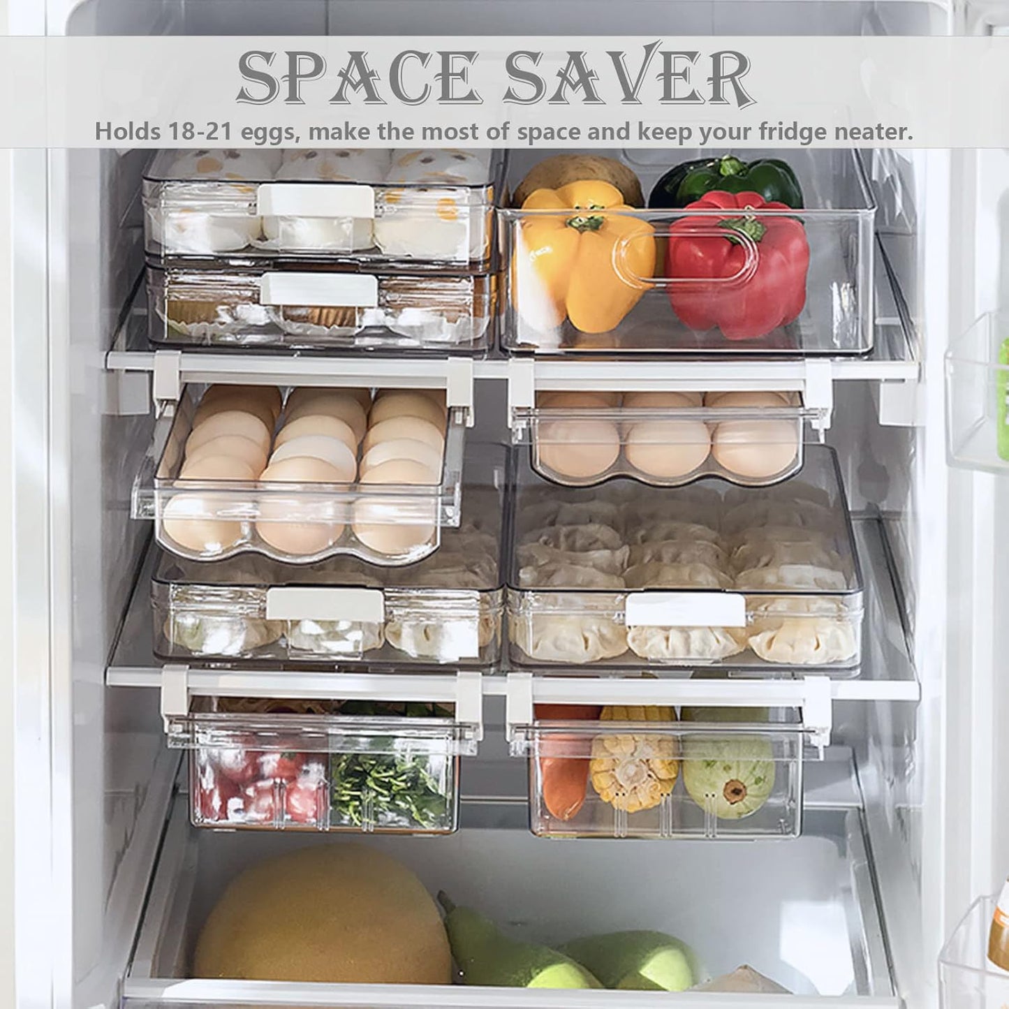 Large Capacity Refrigerator Organizer Bins, Clear Plastic Egg Holder Tray, Home Essentials Storage Box