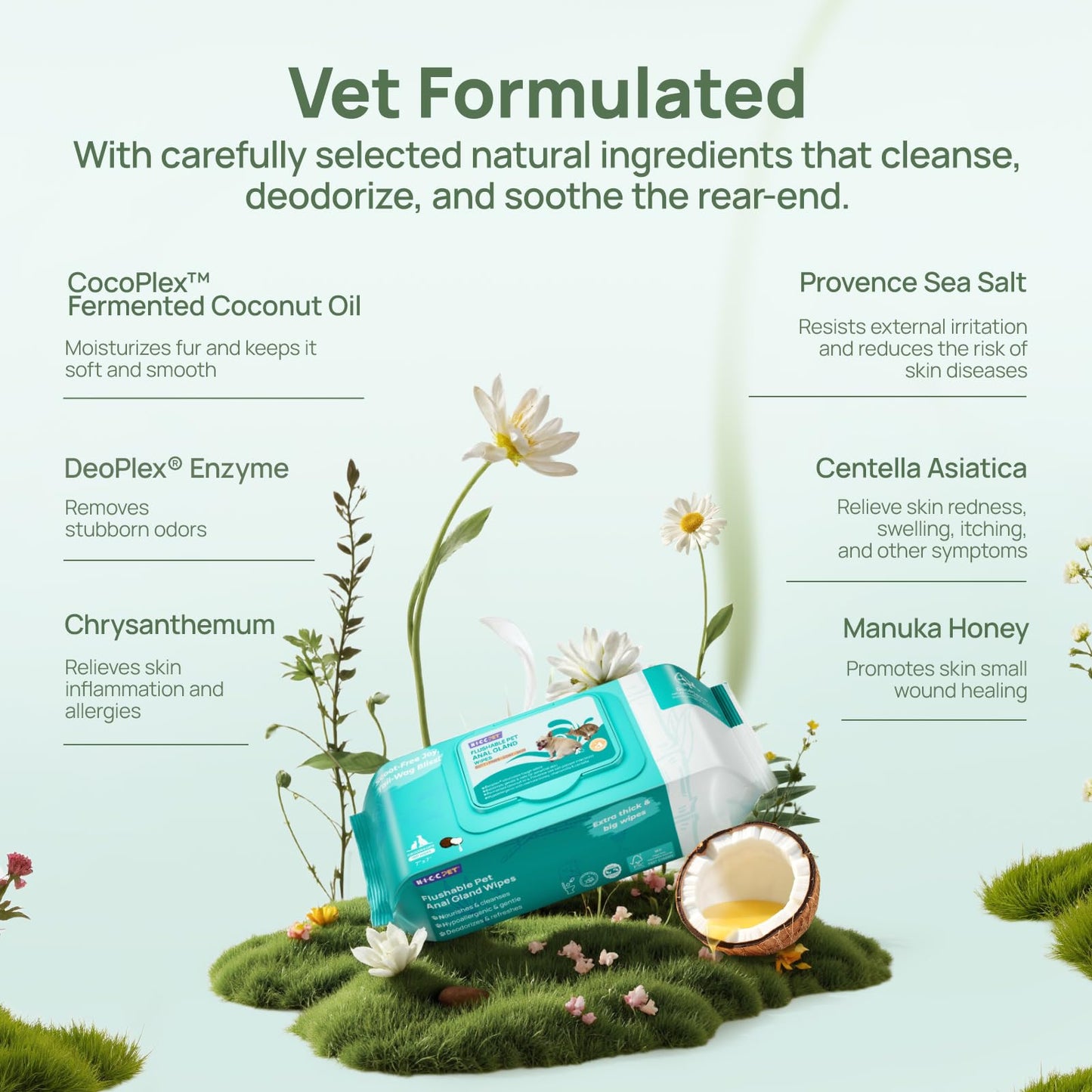 HICC PET Wipes for Dogs & Cats, Vet Recommended Cleansing Deodorizing & Soothing Allergy Infections Anal Gland Wipes with Coconut Oil, Dog Wipes for Cleaning Butt Paw, Remove Small Animal Coat Stain
