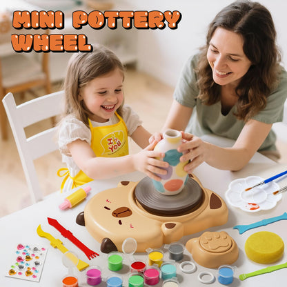 Skirfy Mini Pottery Wheel Machine Kit for Beginners Kids with Light,Electric Ceramic Wheel with Foot Pedal&Painting Kit, Adjustable Speed,Clay Spinner DIY Tools for Art Craft Birthday (Brown)
