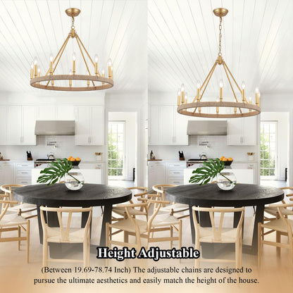 ZJVAIVE 12-Lights Gold Wagon Wheel Chandelier 26.77" Large Gold Farmhouse Chandelier Vintage Circle Light Fixture for Dining Room Kitchen Island Height Ceiling Living Room