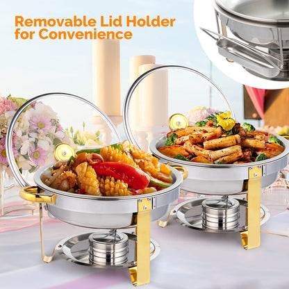 ROVSUN 5QT 4 Packs Chafing Dish Buffet Set Gold Accent, NSF Round Stainless Steel Buffet Warmer Chafers and Warmers Sets with Glass Lid & Lid Holder for Catering Events Parties Weddings Dinners