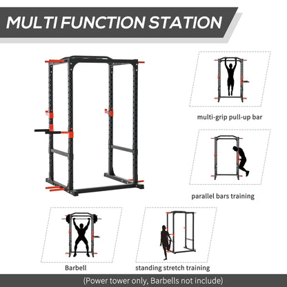 Soozier Adjustable Power Tower Dip Station Pull Up Bar Squat Rack Power Cage At Home Workout Equipment, Upper Body Strength Training Equipment, Black