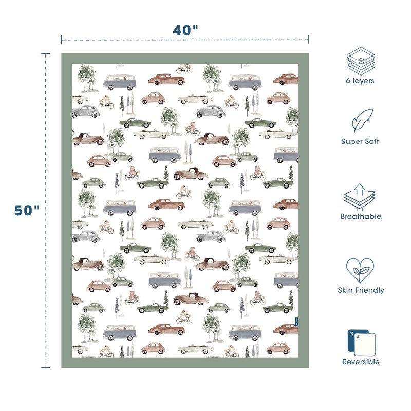 GRSSDER Cotton Muslin Quilt Blanket - Silky Soft and Breathable Baby Blanket Quilt, Oversized Muslin Blankets for Newborns, Toddlers & Kids, 6 Layers Reversible Design for All Seasons, 40" x 50"