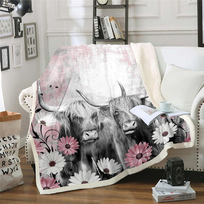 Highland Cow Blanket, 50"x60" Western Farmhouse Throw Blanket, Pink Oil Painting Sherpa Blanket for Living Room