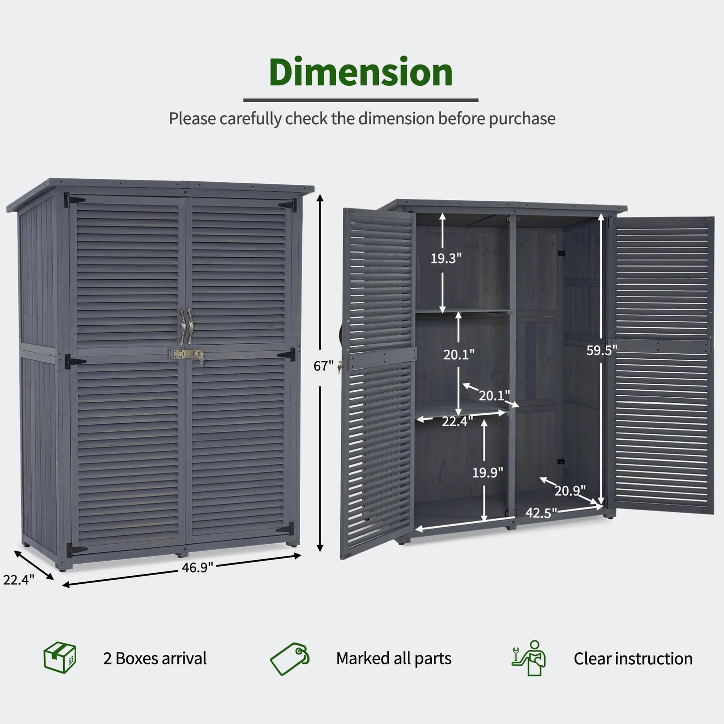 MCombo Outdoor Storage Cabinet, Wooden Storage Shed with Latch, Outside Garden Tool Shed with 2 Doors for Patio Yard Lawn, 1900 (Grey, Large)