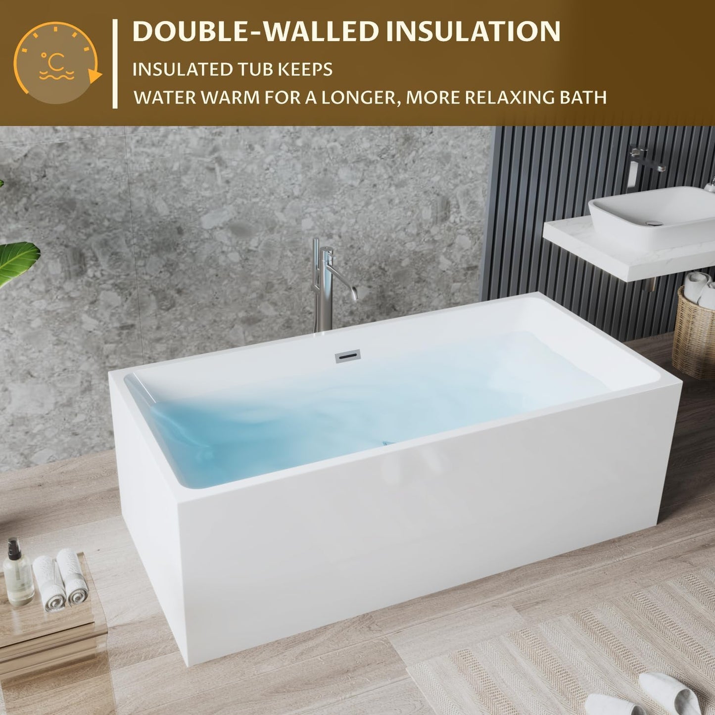 67" Acrylic Free Standing Bathtub, White Contemporary Soaking Tub with Chrome Overflow & Drain, Easy to Install Modern Bath Tub