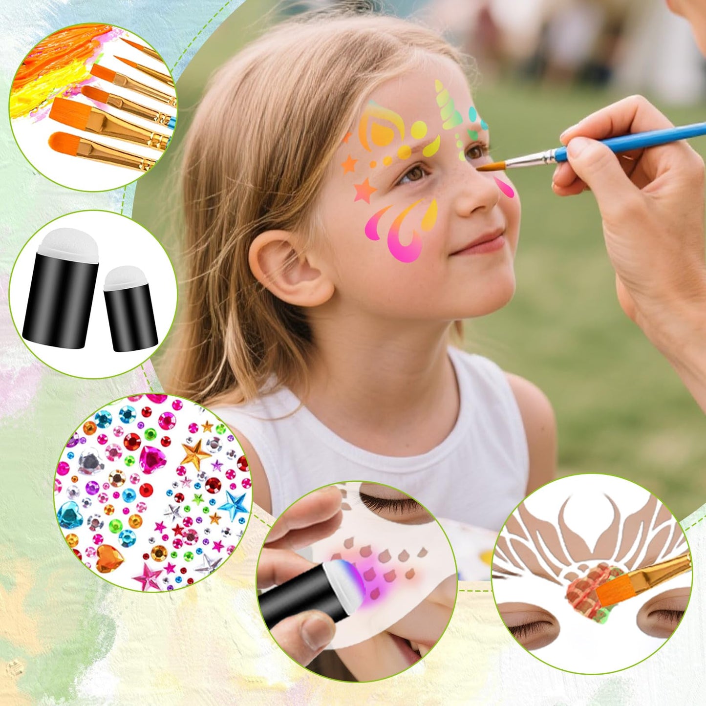 58PCS Face Paint Stencils Kit Includes 36 Reusable Facial Painting Stencils, 6 Sheets Tattoo Templates Stickers, 10 Brushes, 2 Pack Adhesive Gems, 4 Sponge for Halloween Festival Party Makeup