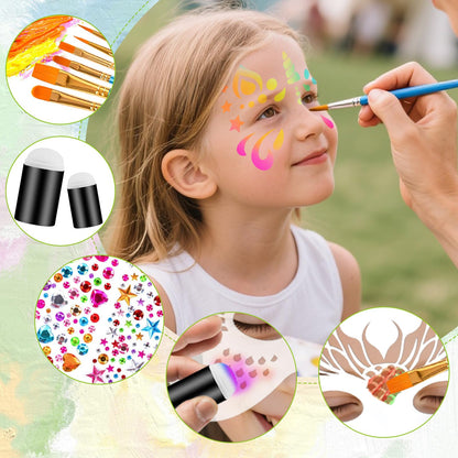 58PCS Face Paint Stencils Kit Includes 36 Reusable Facial Painting Stencils, 6 Sheets Tattoo Templates Stickers, 10 Brushes, 2 Pack Adhesive Gems, 4 Sponge for Halloween Festival Party Makeup
