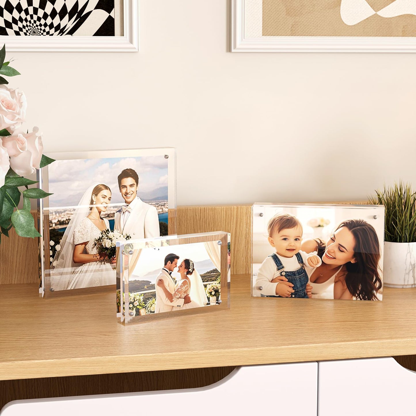 Egofine 5x7 Acrylic Frames 6 Pack, 20mm Thicker Frameless Clear Picture Frames, Double Sided Magnetic Picture Frames, Free Standing Desktop Display