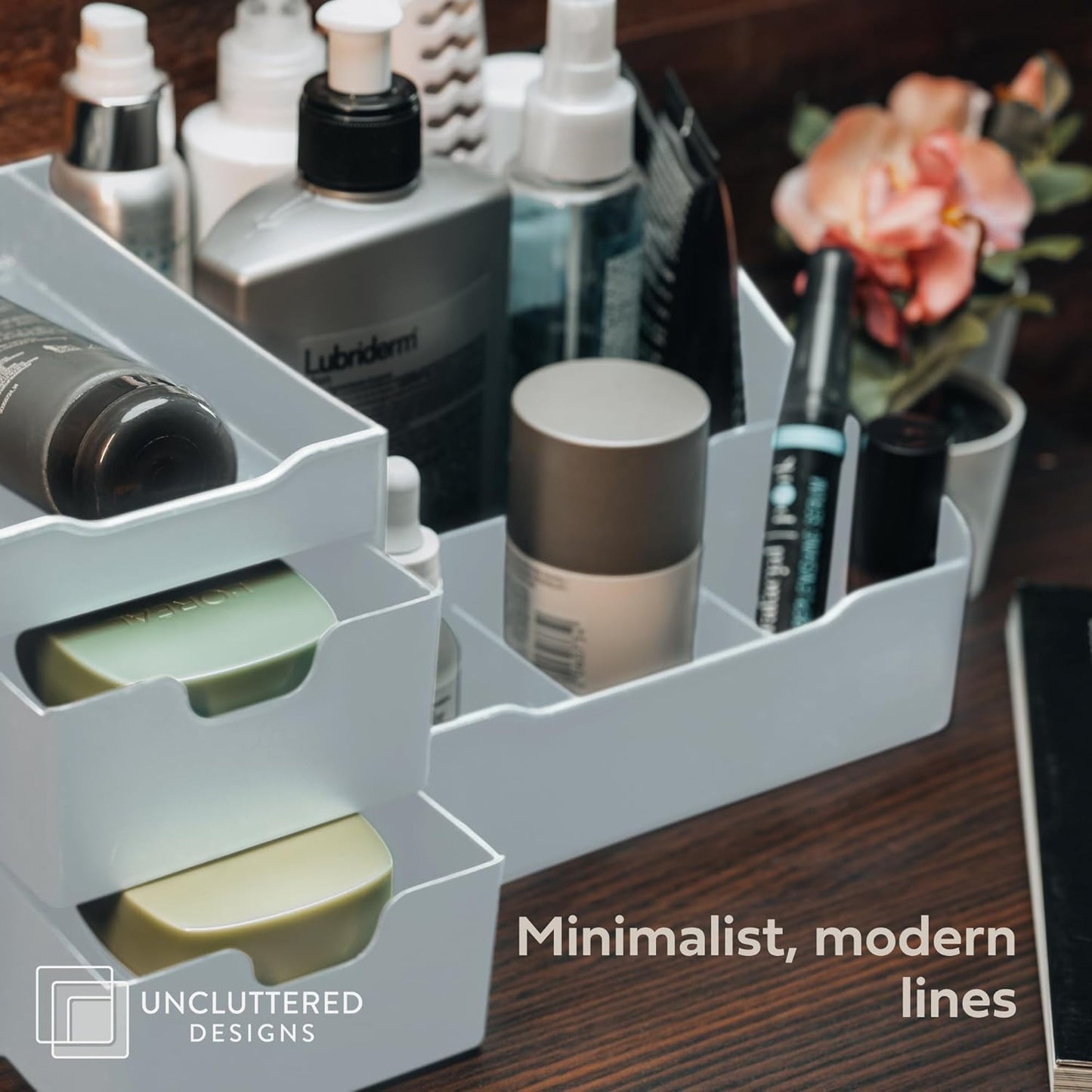 Uncluttered Designs Large Makeup Organizer for Vanity - Countertop Desk with Drawers for Cosmetic, White