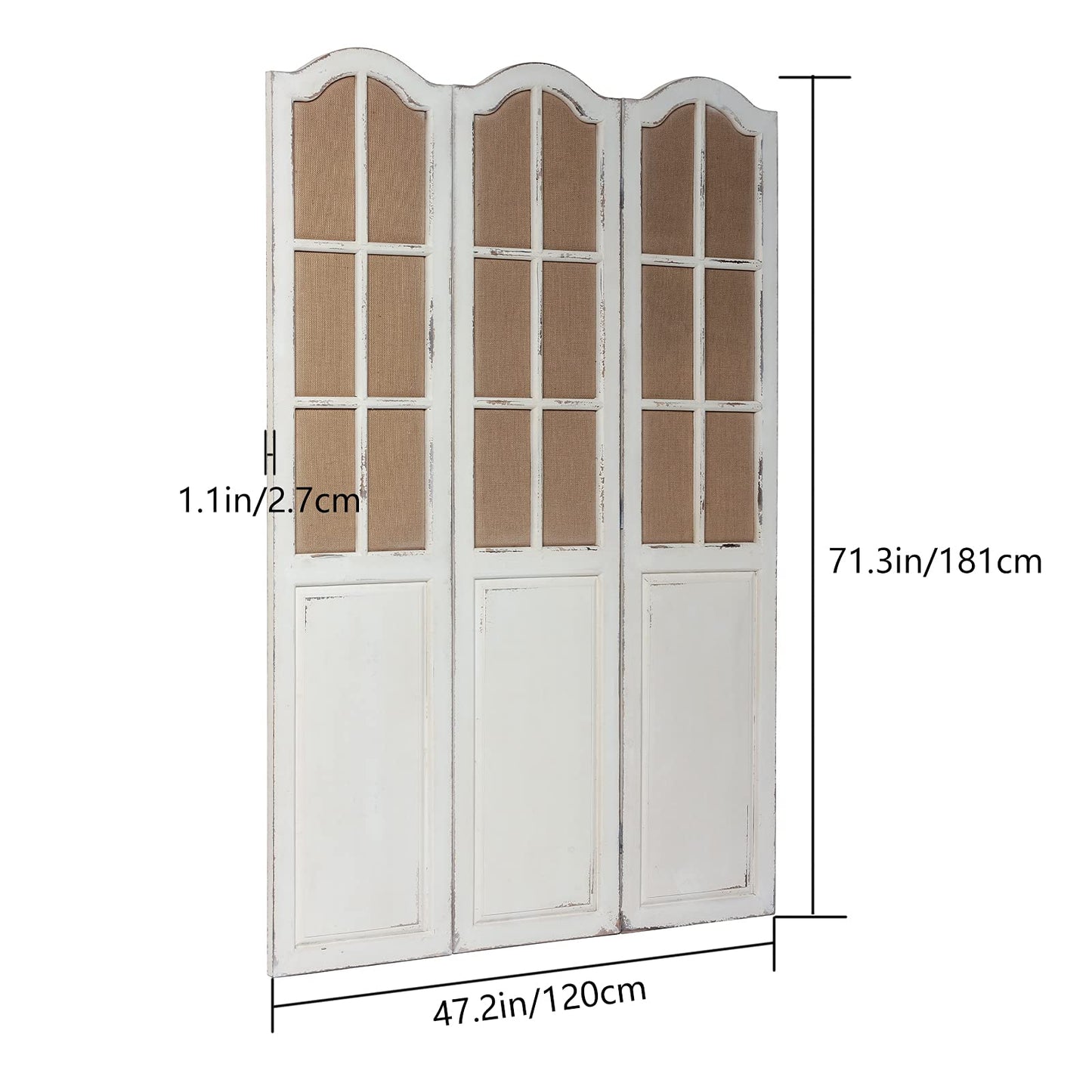 Solid Wooden 3 Panel Room Dividers and Folding Privacy Screens, Handcrafted Rustic 6Ft Tall Room Divider Wall, Wood&Linen Unique Freestanding Room Partition White, Privacy Panel for Bedroom Outdoor