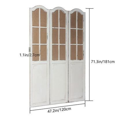 Solid Wooden 3 Panel Room Dividers and Folding Privacy Screens, Handcrafted Rustic 6Ft Tall Room Divider Wall, Wood&Linen Unique Freestanding Room Partition White, Privacy Panel for Bedroom Outdoor