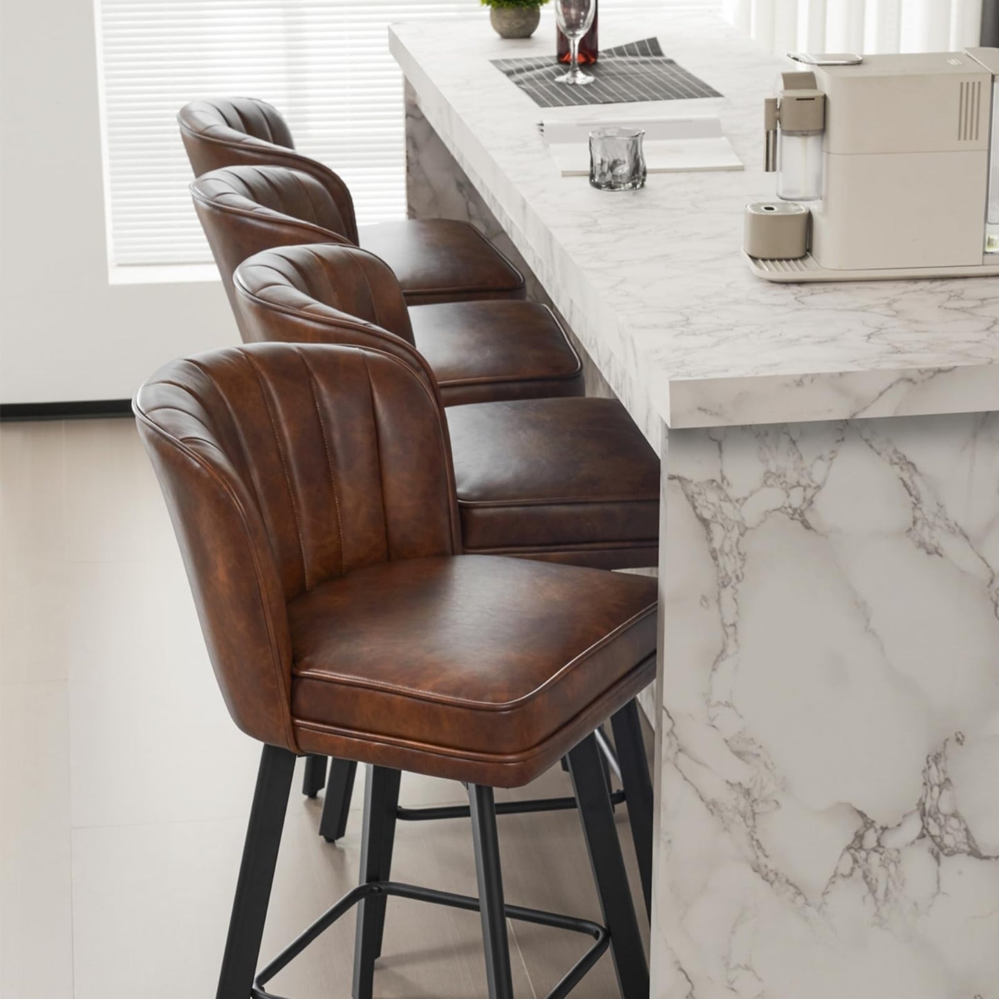 SAECKBERG Swivel Counter Height Bar Stools Set of 3, 26'' Modern Barstools with Backs and Metal Legs, Upholstered Bar Chairs, Faux Leather Brown Stools for Kitchen Island Chairs