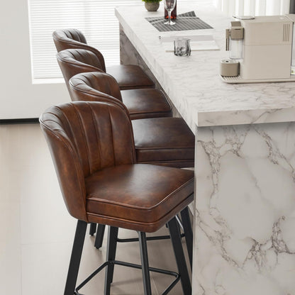 SAECKBERG Swivel Counter Height Bar Stools Set of 3, 26'' Modern Barstools with Backs and Metal Legs, Upholstered Bar Chairs, Faux Leather Brown Stools for Kitchen Island Chairs