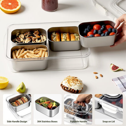 Freshmage Snackle Box Container, Stainless Steel Divided Serving Snack Tray with Lid and Handle, 4 Compartment Portable Snack Platters for Road Trip, Beach, Picnic, Ball Games, Pool and Parties