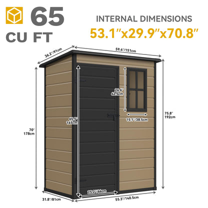 DWVO 5x3 FT Outdoor Storage Shed with Floor, All-Weather Resin Storage Shed with Lockable Door & Window, Waterproof Plastic Tool Storage for Garden, Backyard, Patio, Lawn, Brown