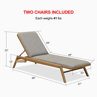 PURPLE LEAF Chaise Lounge Outdoor Chairs with Cushion Aluminum Pool Side Sun Lounges Adjustable Reclining Patio Set Pack of 2 Teak