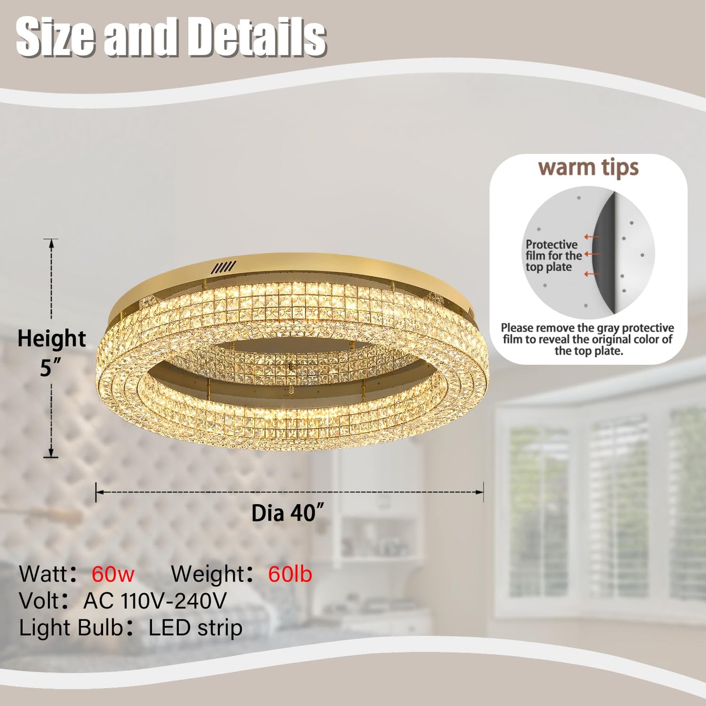 ykolupty 40'' Crystal Chandelier for Living Room Large Chandeliers for Living Room Crystal Flat Mounted Ceiling Lights Dining Room Bedroom Dimmable 2700-6000K (Gold Chandelier)