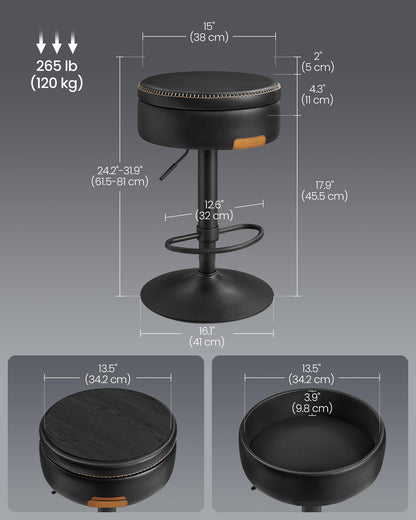 VASAGLE EKHO Collection - 360° Swivel Bar Stools Set of 4, Height Adjustable Barstools with Storage, Synthetic Leather with Stitching, Mid-Century Modern, Kitchen Bar, Easy Assembly, Ink Black