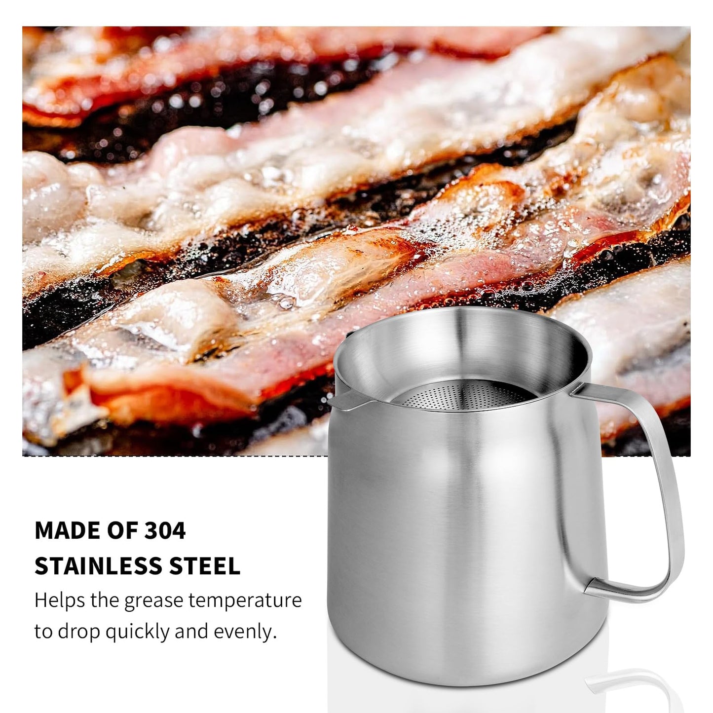 50oz 304 Stainless Steel Deep Fryer Pot with Basket & Strainer, Large Capacity Bacon Grease Container for Kitchen,Frying, Cooking, Camping,Oil Filter Container - Dishwasher Safe (50oz/1.5L/1.7Qt)