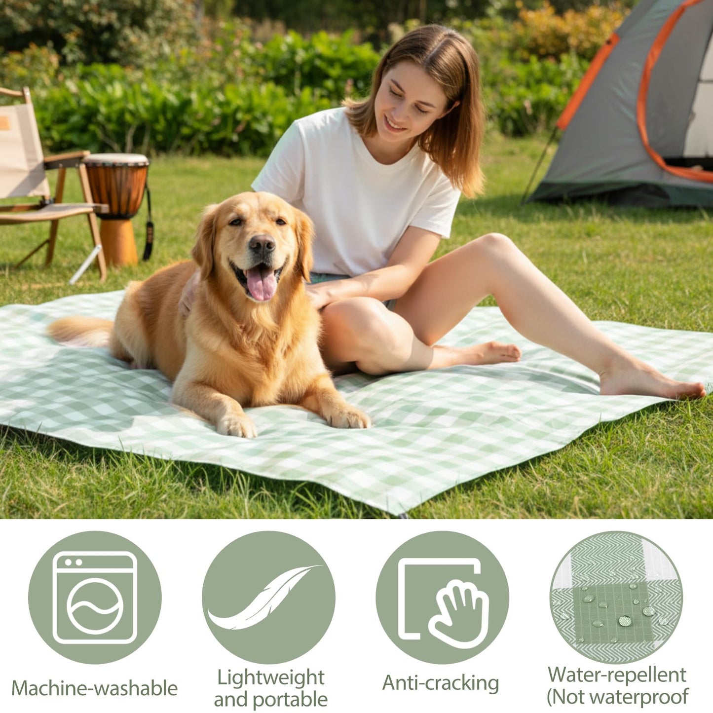 HunnmingRe Green Gingham Pocket Picnic Blanket with Storage Bag 55 x 60inch Packable Sandproof Waterproof Beach Mat Compact Washable Picnic Mat for Outdoor Hiking Camping Travel Outdoors