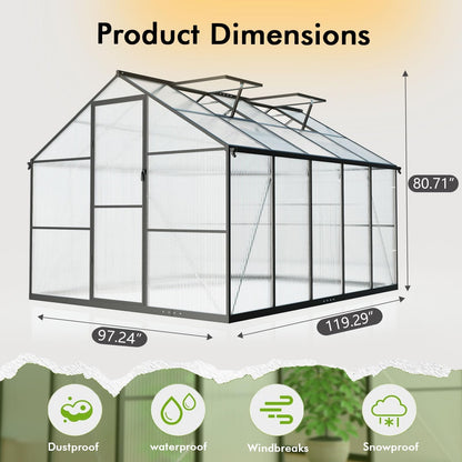 8X10FT Greenhouses for Outdoors with Electronic Thermometers, Green Houses for Outside with Drainage Channel Roof Vent for Backyard, Walk-in Greenhouse Kit Withstands Strong Wind or Snow