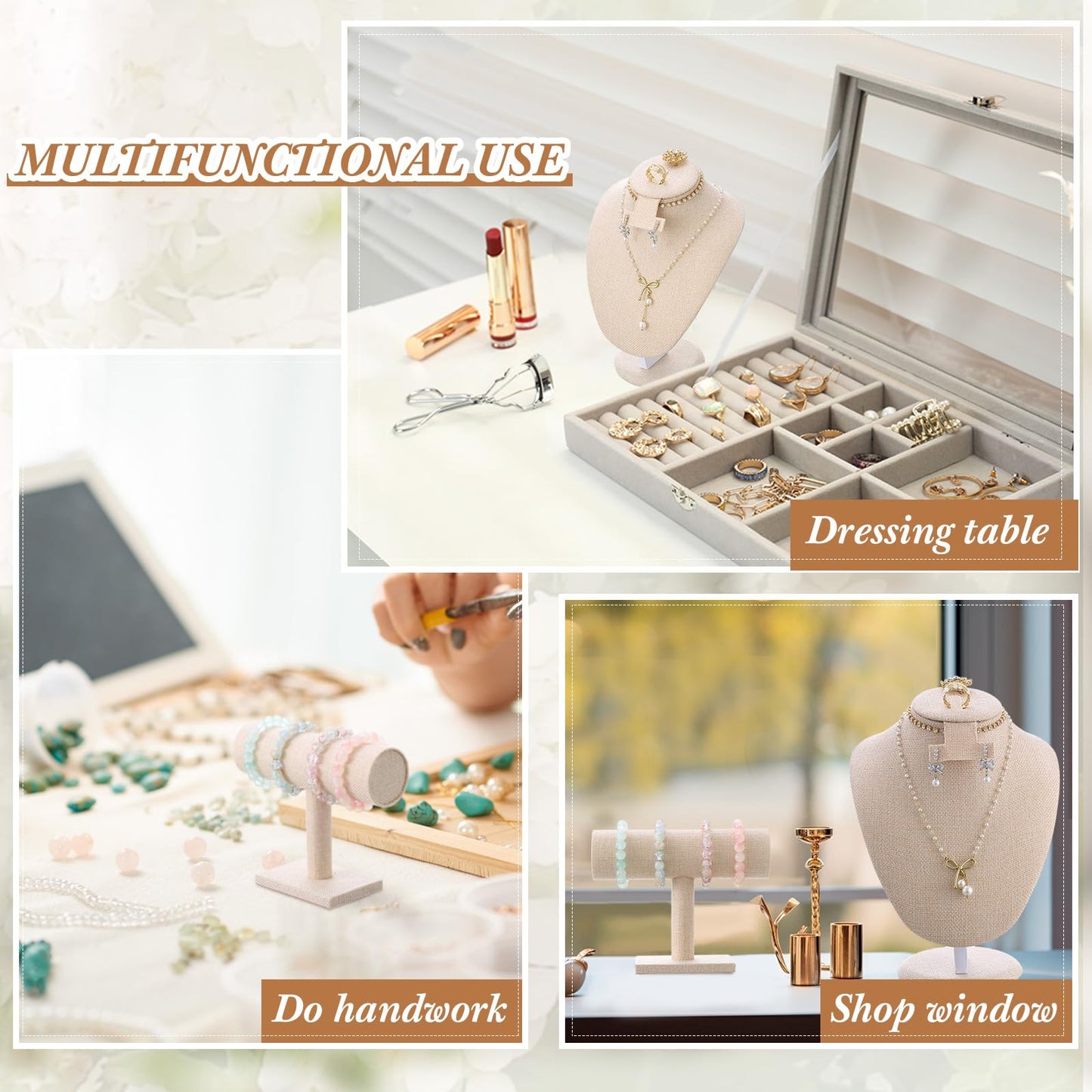 RattanView 2 Pcs Jewelry Display Set Necklace Mannequin Bust T Bar Bracelet Holder for Earring Necklace Ring Display