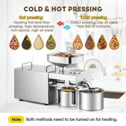 CGOLDENWALL 1500W Commercial Automatic Oil Press Machine Industrial Oil pressing machine Nuts Seeds Oil Presser Pressing Machine Cold Hot Press All Stainless Steel High Oil Extractor CE (Silver, 110V)