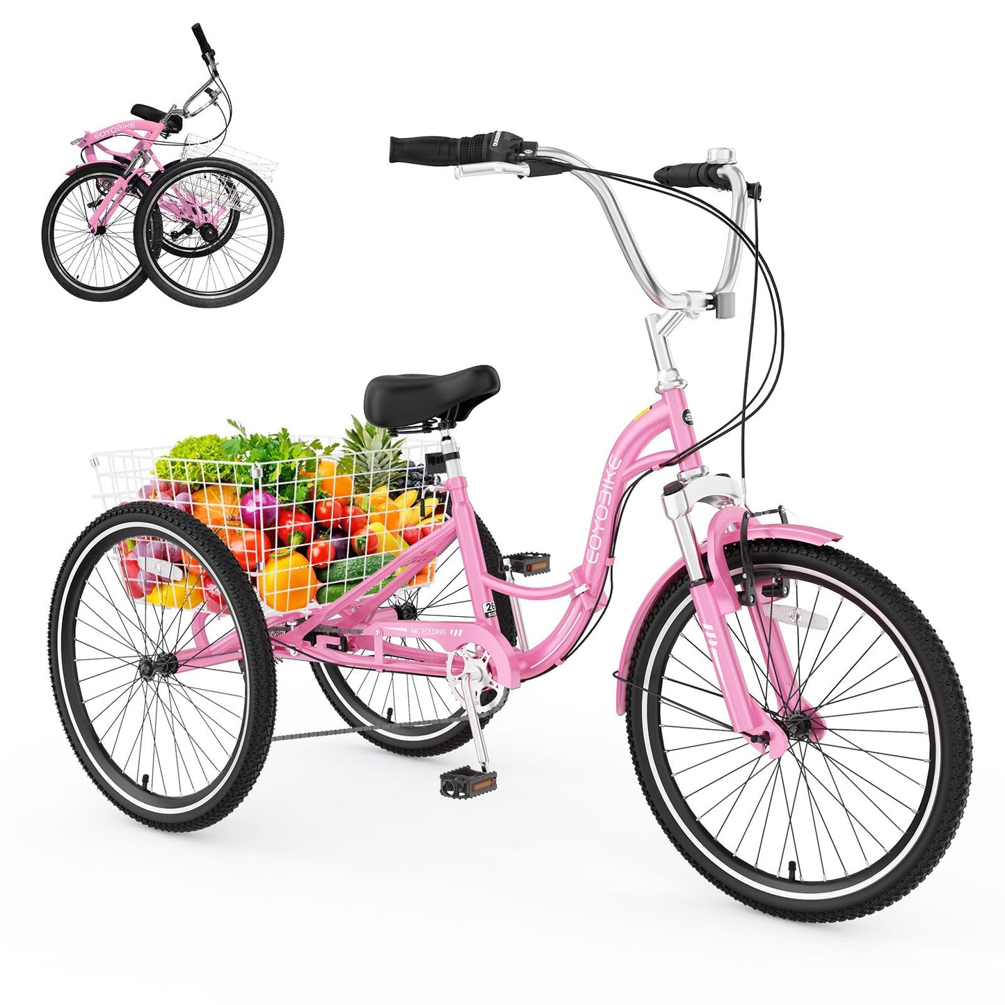 EOYOBIKE Adult Folding Tricycle, 7-Speed 3-Wheel Cruiser Bike with Low Step-Through Frame, Large Rear Basket, Adjustable Seat, 20/24/26 Inch Options