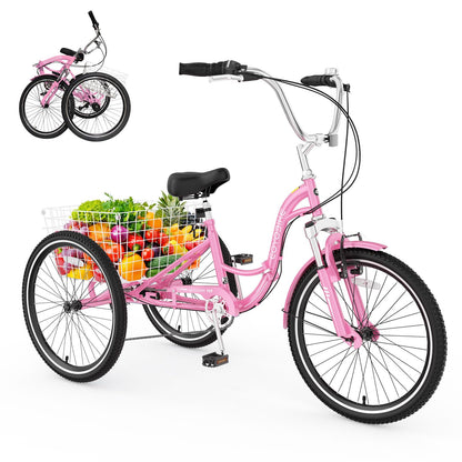 EOYOBIKE Adult Folding Tricycle, 7-Speed 3-Wheel Cruiser Bike with Low Step-Through Frame, Large Rear Basket, Adjustable Seat, 20/24/26 Inch Options