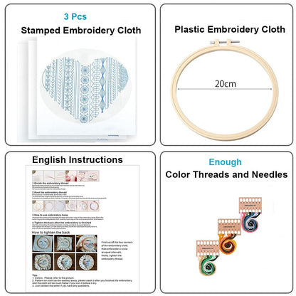 Konrisa Easy Embroidery Kit for Beginners Stamped Embroidery Starter Kit DIY Sewing Needlepoint Cross Stitch for Adults, Stitch Practice Kit 3 Embroidery Fabric Pattern