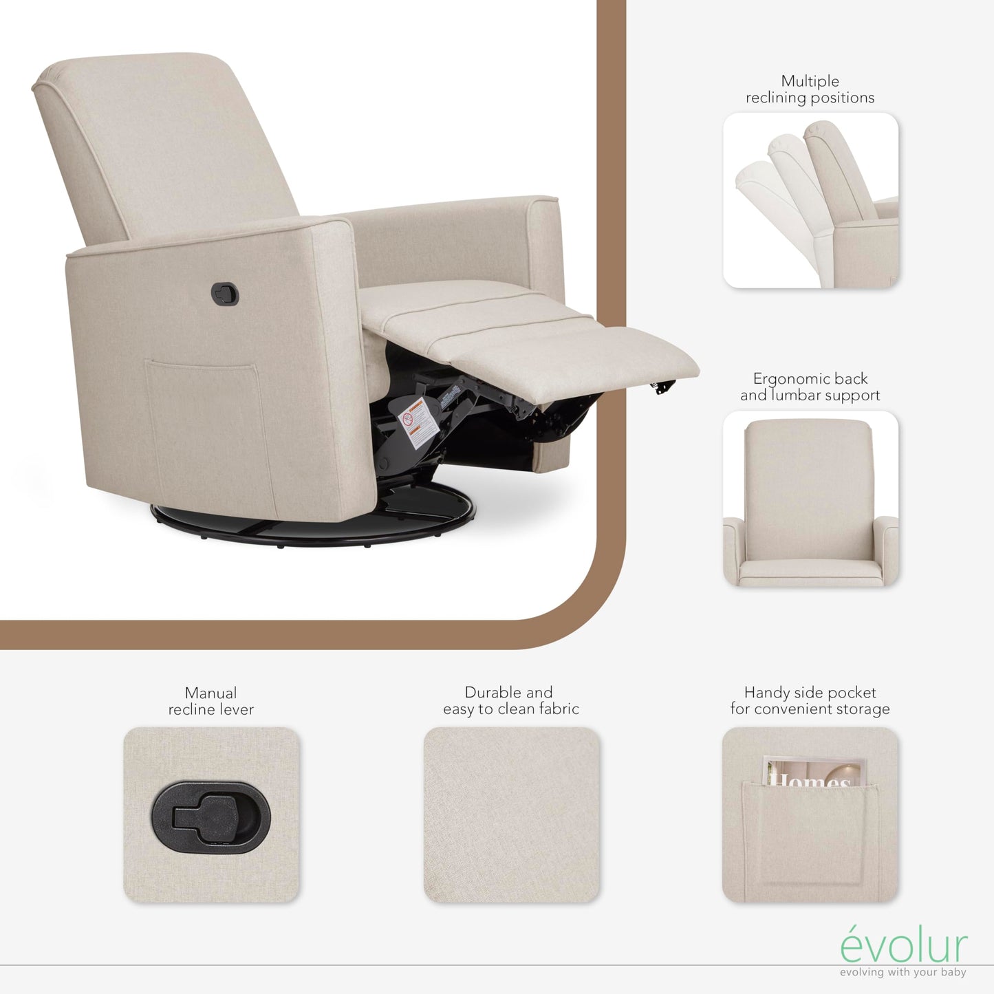 Evolur Raleigh Upholstered Manual Glider Recliner– Rocking & 360° Swivel with Smooth Glide – Greenguard Gold & FSC Certified – Modern Nursery and Living Room Chair in Light Sand