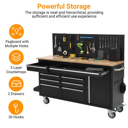 ActiveTrail 61" Tool Cabinet with Wheels, 10 Drawers Rolling Tool Chest, Heavy Duty Storage Workbench with Power Strip, Solid Rubber Wood Top, 1675 LBS Capacity, Mobile Tool Box for Garage, Shop