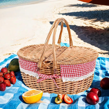 Wicker Picnic Basket with Removable Liner Empty Picnic Baskets with Lid for 2, Picnic Hamper with Foldable Handles for Picnic 2,Checkered