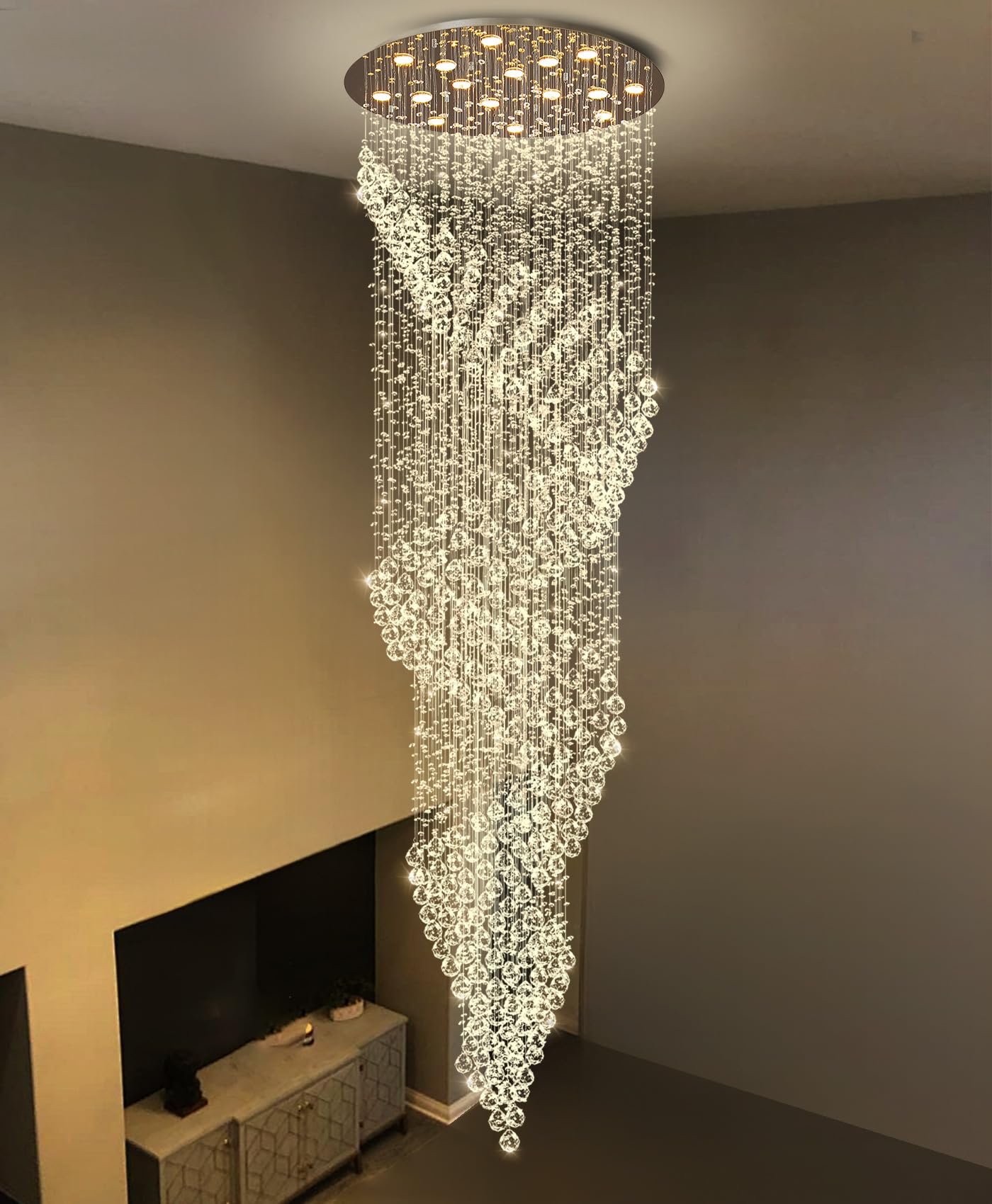 cenozo D40'' x H120'' Crystal Chandelier for Staircaes Glam Chandelier Large Raindrop Chandeliers LED Dimmable High Ceiling Light Fixtures for Hallway Foyer Silver