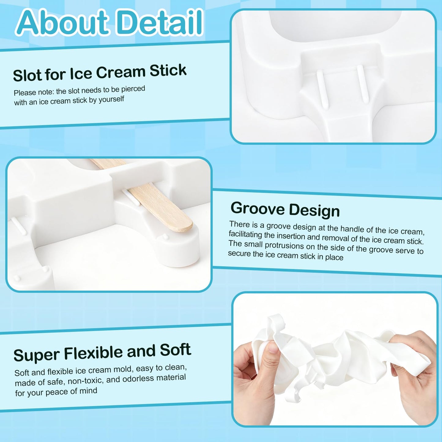 3 Set Small Silicone Popsicle Molds Ice Cream Mould 4 Cavity Ice Lolly Mold White Oval Cake Pop Mould with 150 Pieces Wooden Sticks for DIY Cream Popsicle Cake