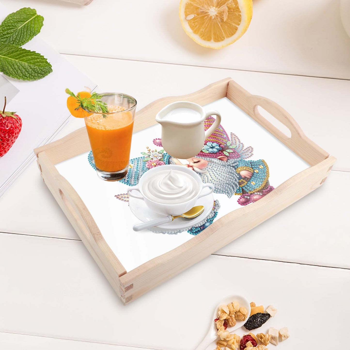 DIY Diamond Art Tray with Handle Diamond Art Painting Plate Creative Design Handmade Wooden Tray Mosaic Making Kits by Number Kits Diamond Art for Coffee Living Room Home Organizer (Nice Kiss)
